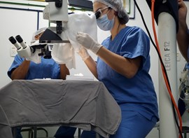 Alunos do primeiro ano de residência médica do Instituto Brasileiro de Oftalmologia e Prevenção da Cegueira (IBOPC/HHCL) treinam cirurgia de pterígio em WET LAB